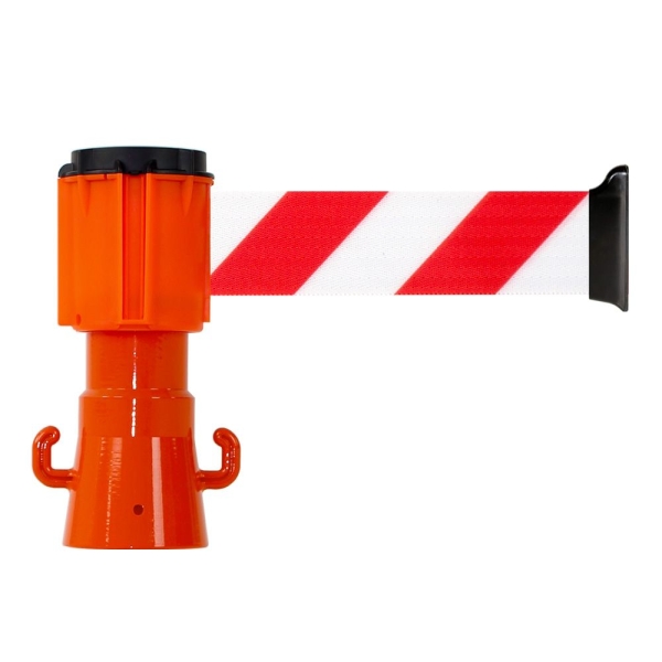 Dérouleur de sangle 50 mm x 5 m rouge/blanc avec adaptateur de cône